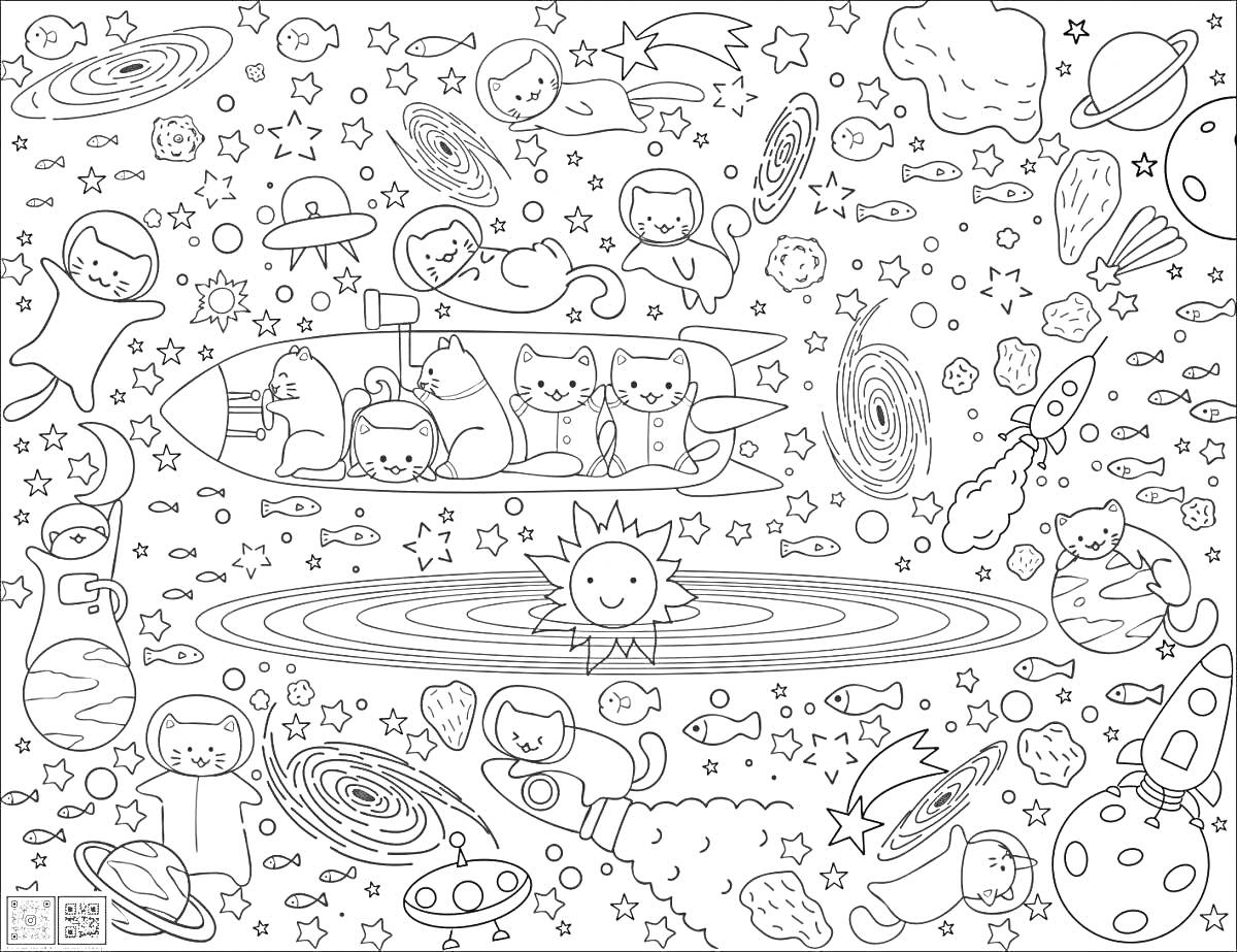 На раскраске изображено: Космос, Планеты, Звезды, НЛО, Космонавты, Спутники, Солнце