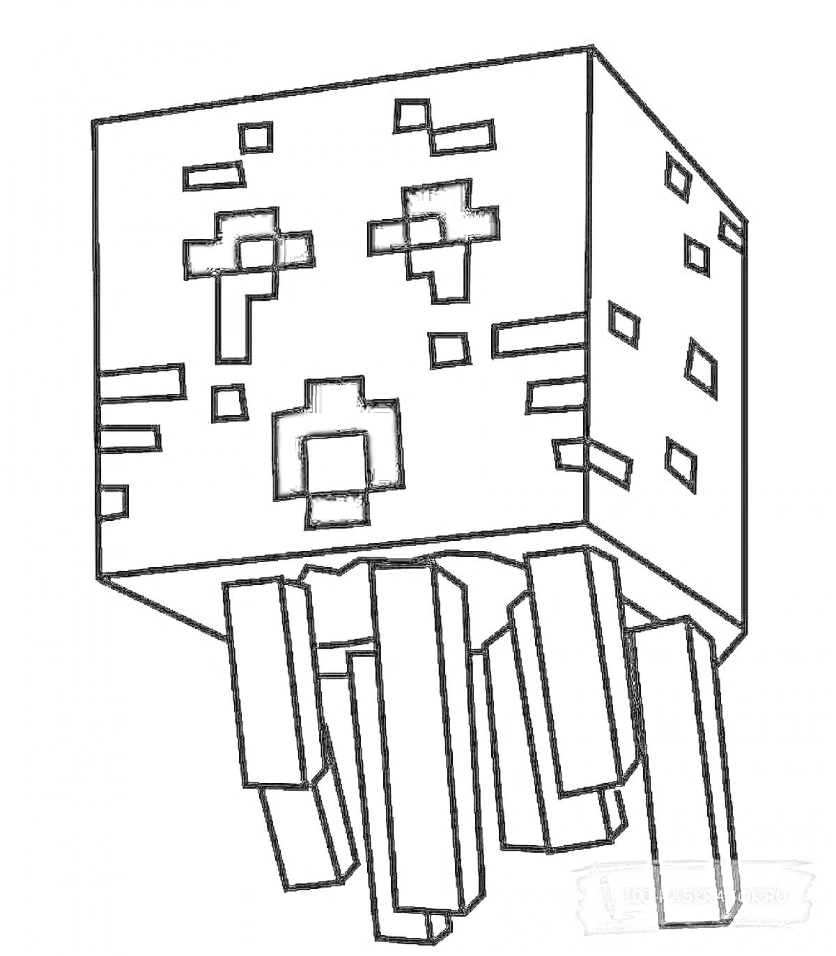 Раскраска Гаст из Майнкрафта с квадратной головой и щупальцами