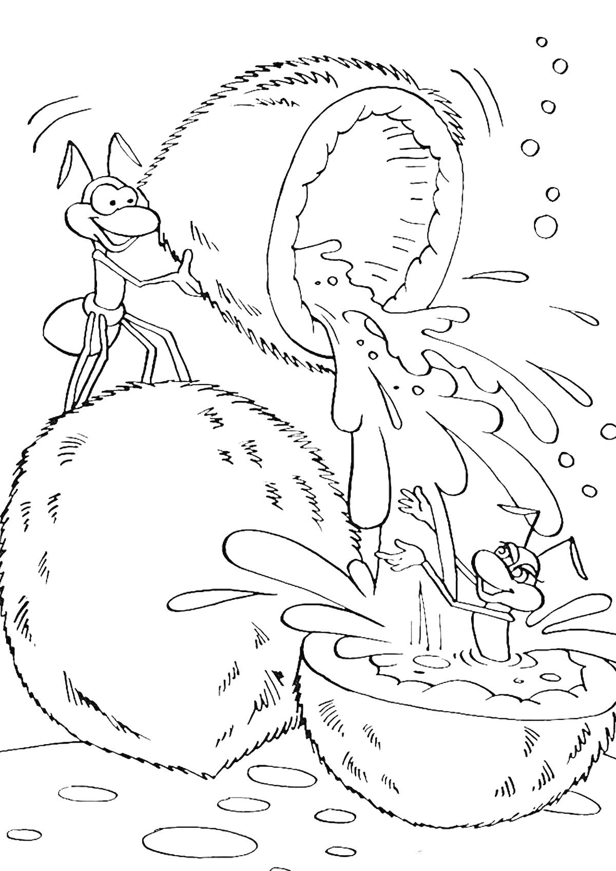 Раскраска Муравей и персонаж в кокосовой воде среди кокосов