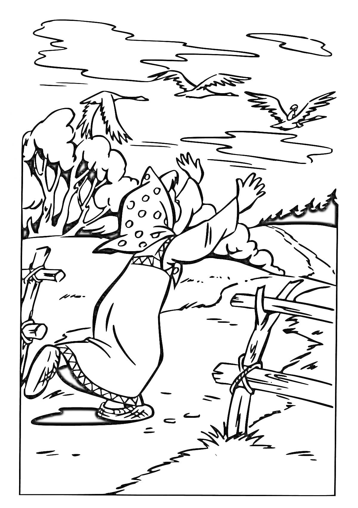 Бабушка в платке машет руками на фоне деревьев, уходящей дороги и летящих гусей-лебедей