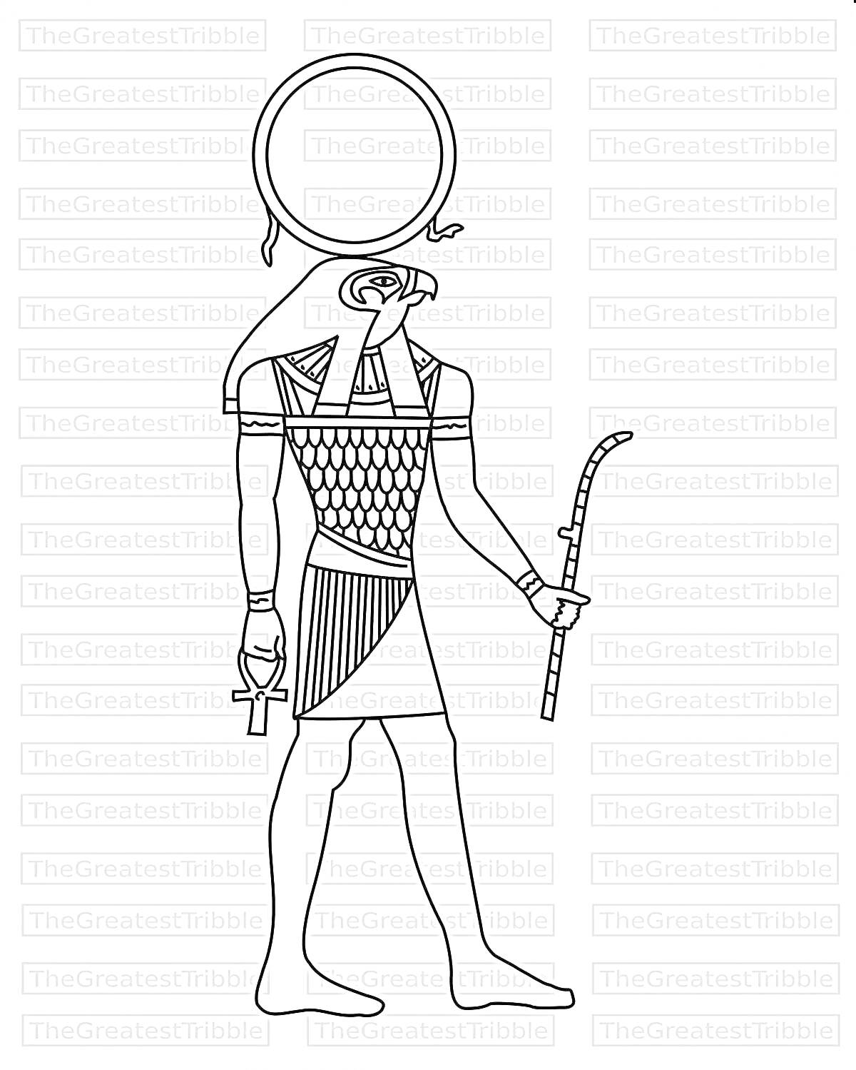 На раскраске изображено: Египетский бог, Сокол, Анх, Скипетр, Солнечный диск, Древний Египет, Мифические существа