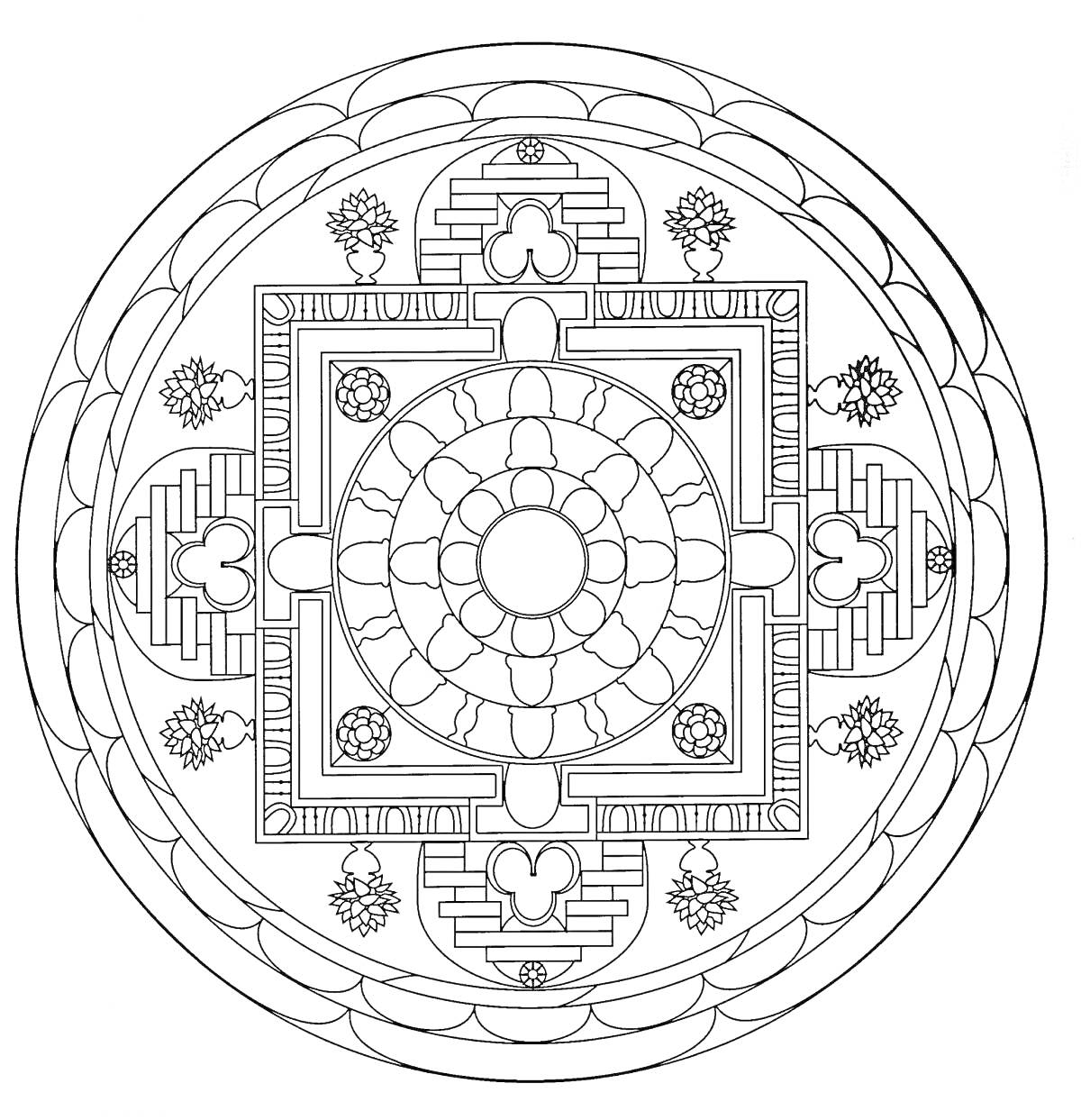 Раскраска Мандала для медитации с элементами кругов, квадратов, лотоса и символов