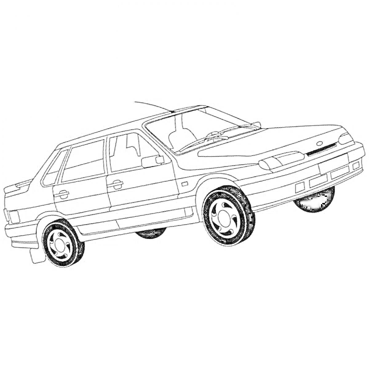 Раскраска Легковой автомобиль ВАЗ 2115 с выделенными линиями кузова, дверями, окнами, зеркалами и колесами