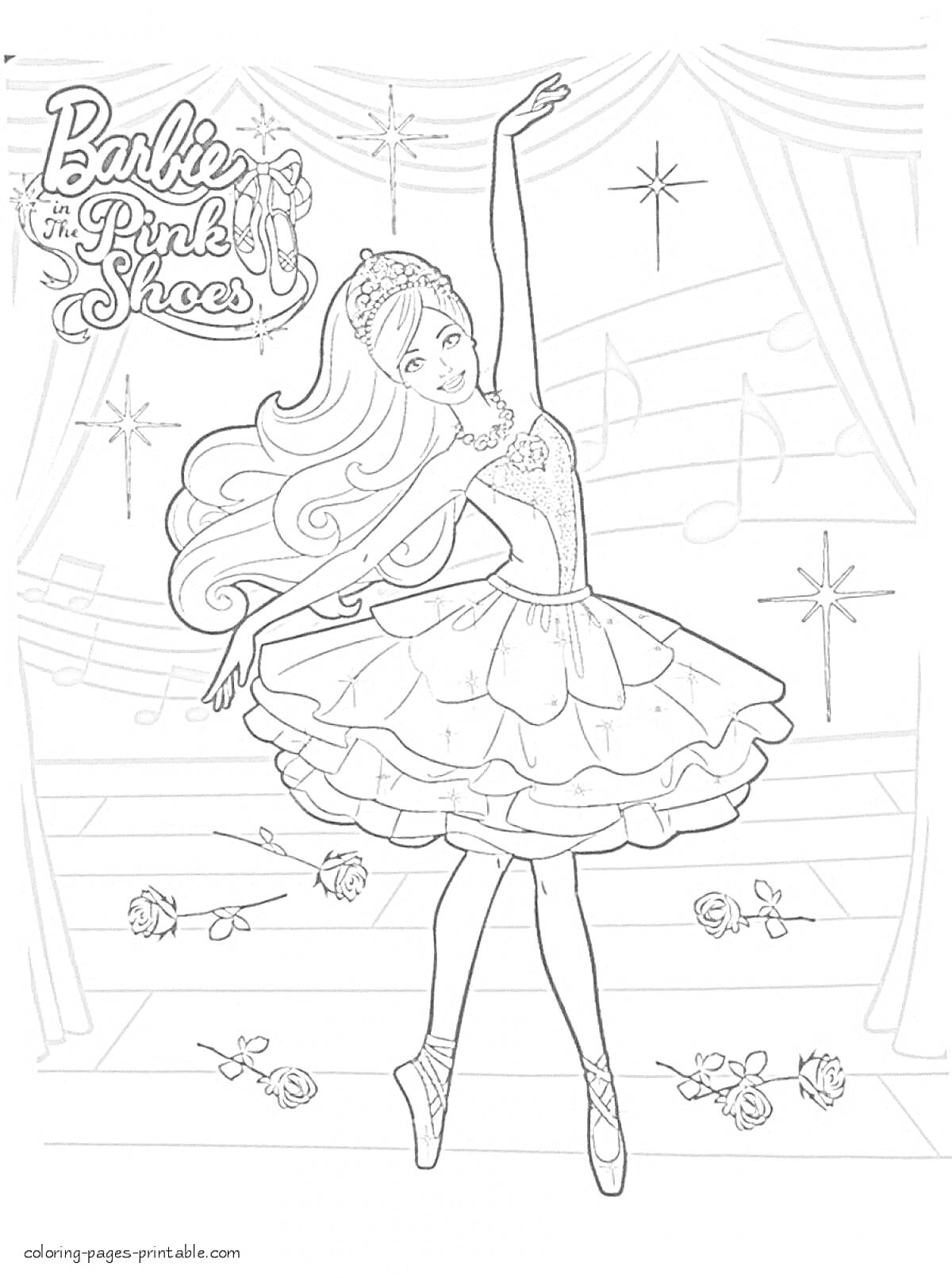 Раскраска Барби Робертс балерина на сцене с занавесом, музыкальными нотами и розами