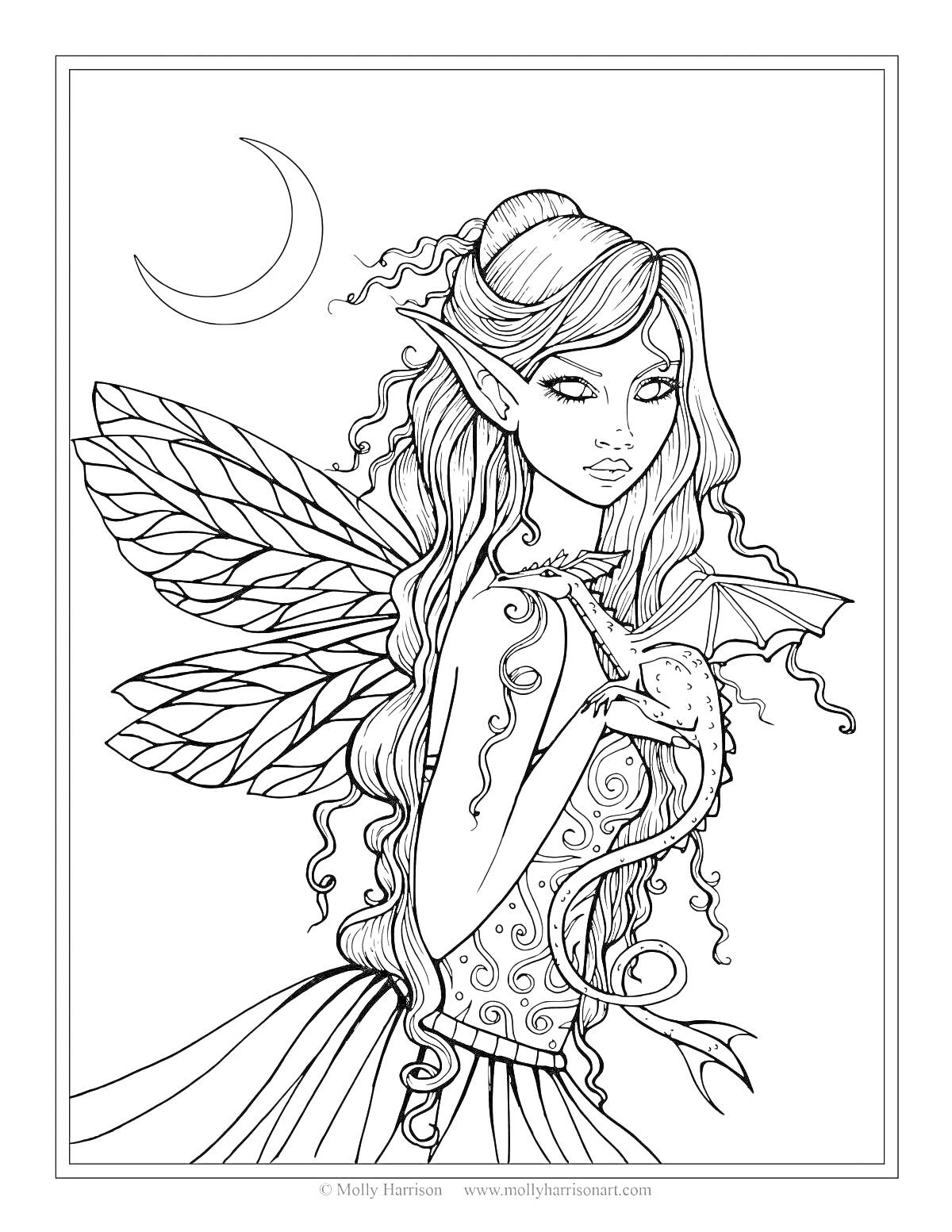 Раскраска Фея с длинными волосами, в платье с узорами, с крыльями, обнимающая дракона, на фоне полумесяца