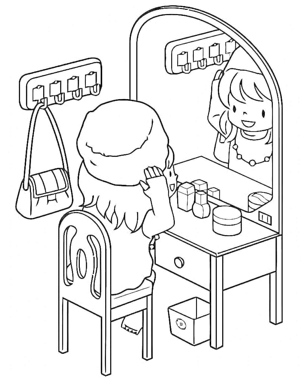 Раскраска Девочка за туалетным столиком с зеркалом и косметикой