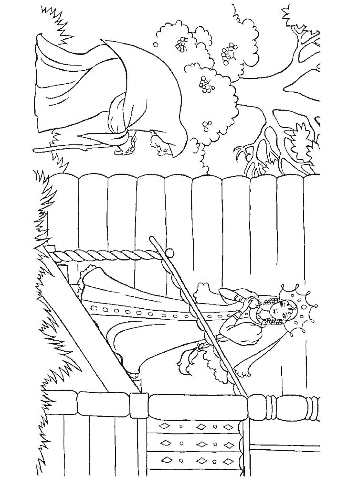Раскраска Старуха, наклонившаяся над деревом, и царевна в короне у лестницы