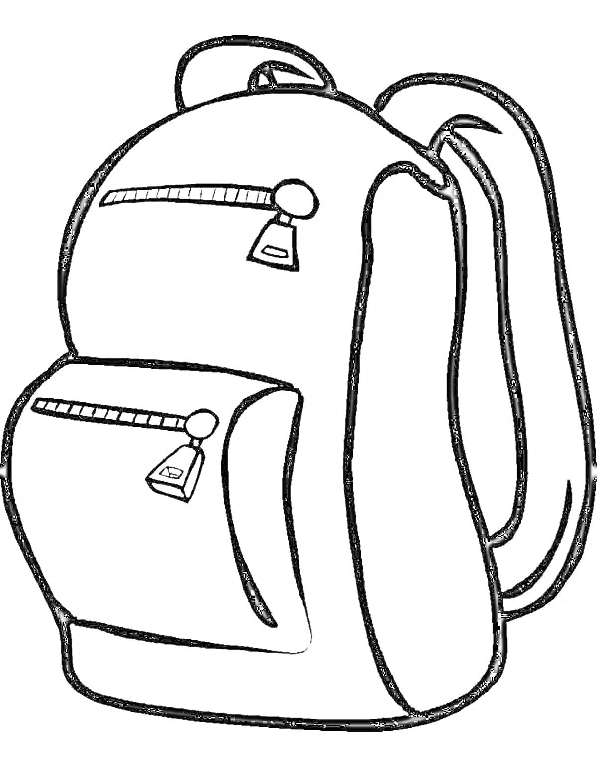 На раскраске изображено: Рюкзак, Лямки, Школьный рюкзак, Контурные рисунки, Для детей, Молния