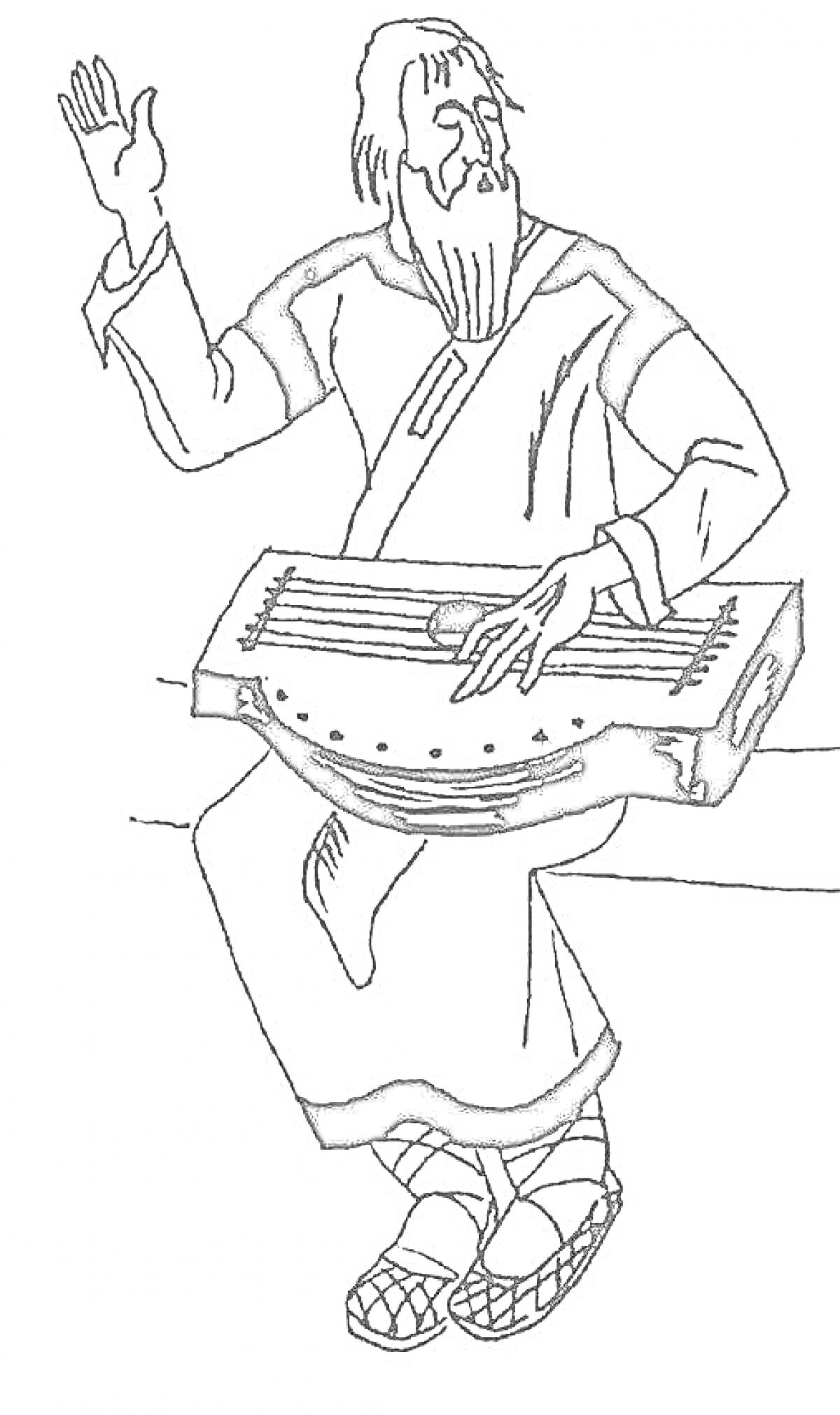 На раскраске изображено: Гусли, Музыкальный инструмент, Мужчина, Исторический персонаж, Народные костюмы, Сидеть
