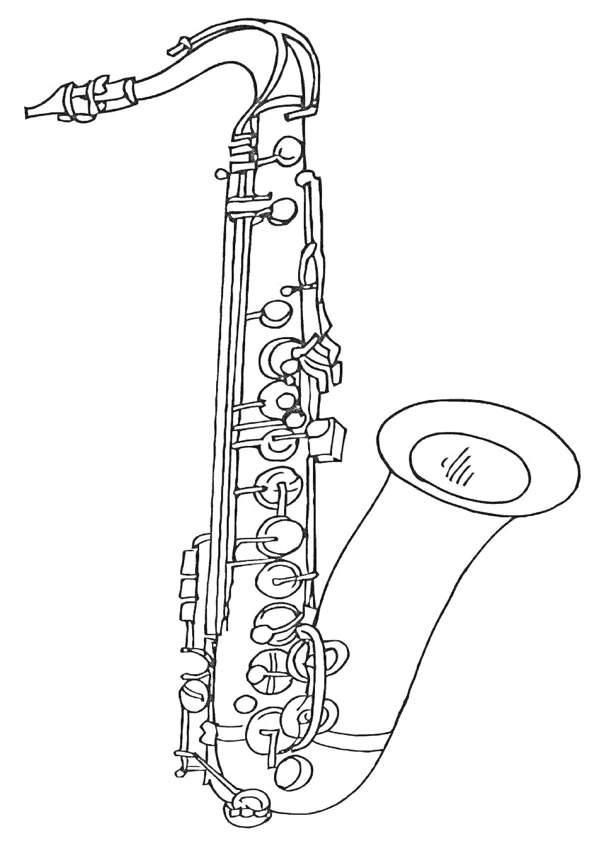 На раскраске изображено: Саксофон, Мундштук, Механизмы, Клавиши, Музыкальные инструменты