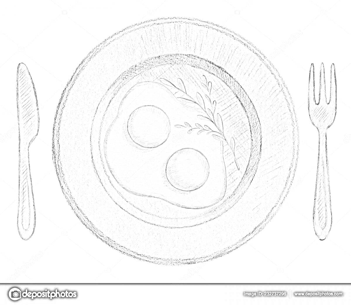 Раскраска Омлет на тарелке с ножом, вилкой и веточкой зелени
