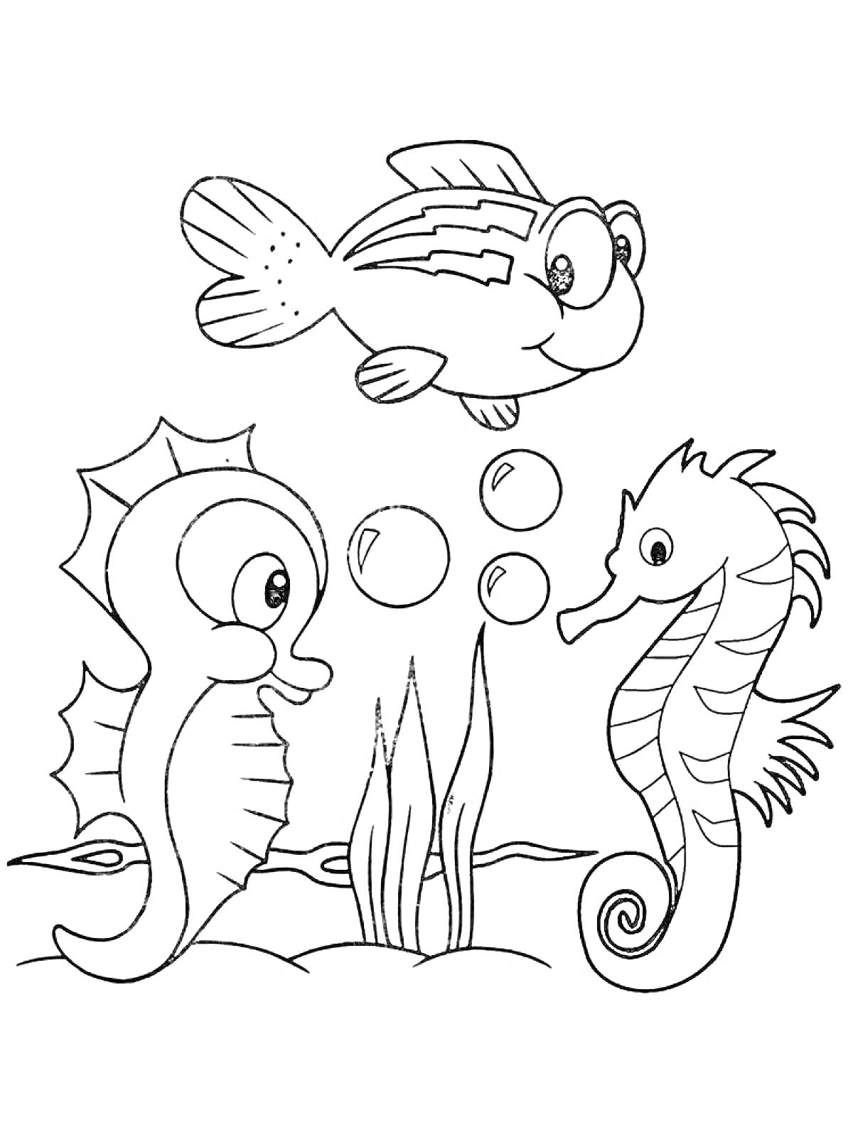 На раскраске изображено: Морской конек, Пузыри, Водоросли, Подводный мир, Морские животные, Для детей, Рыба