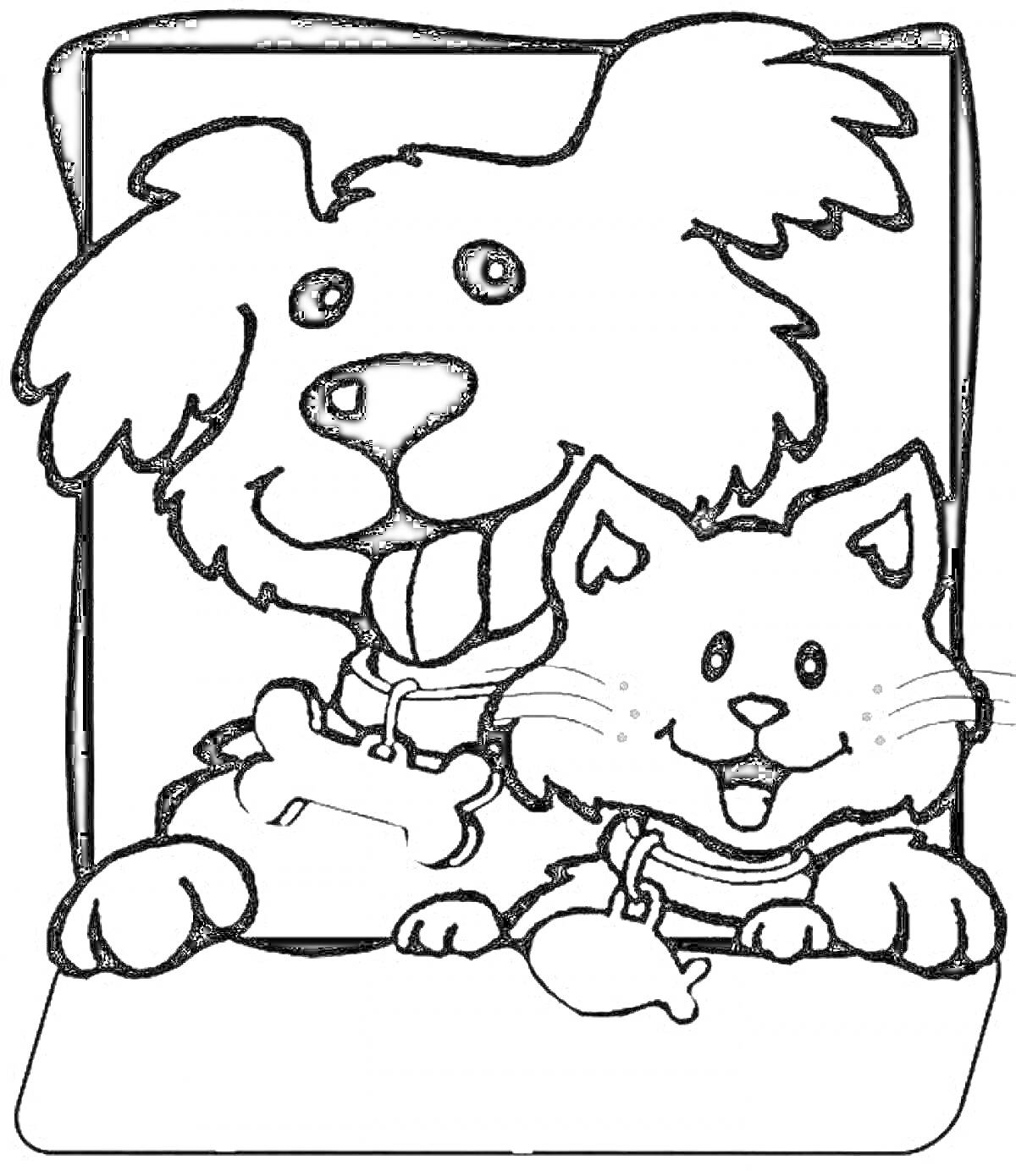 Раскраска Собака с косточкой и кот с рыбкой