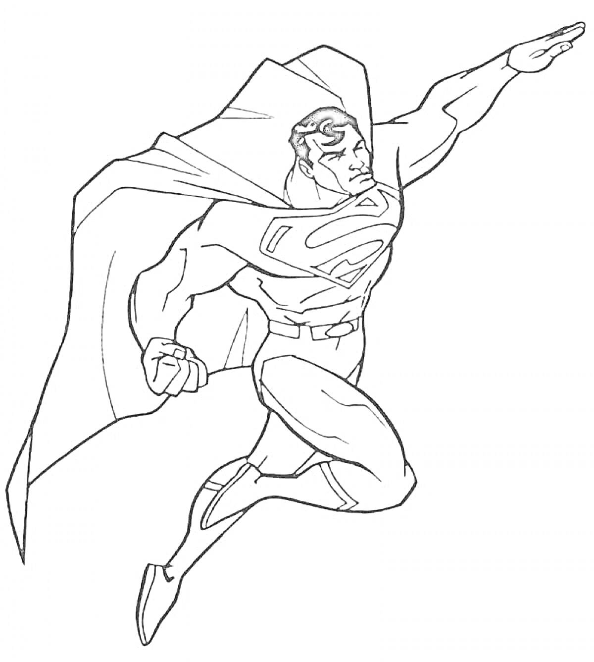 Раскраска Летящий Супермен с поднятой рукой и накидкой