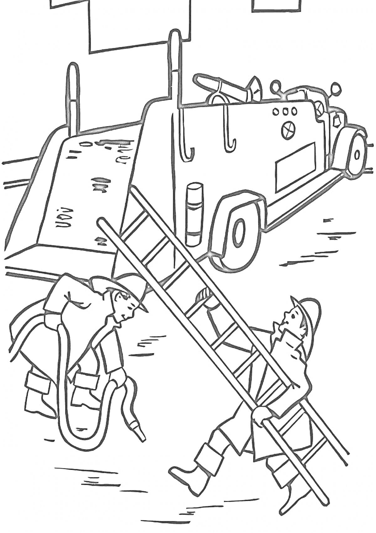 Раскраска Пожарная машина с лестницей и пожарные с шлангом