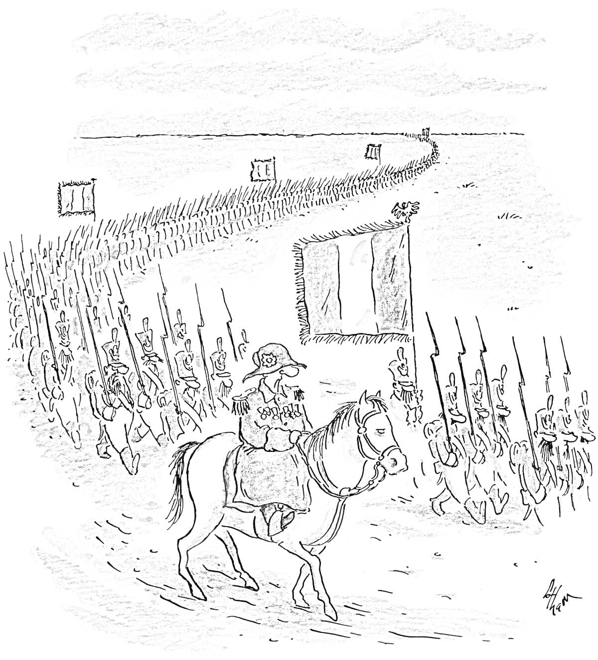 На раскраске изображено: Лошадь, Шляпа, Военная форма, Марш, Историческая сцена
