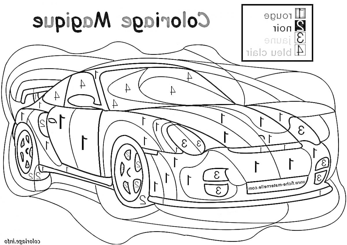 Раскраска Спортивный автомобиль по номерам с элементами: капот, колеса, фары, зеркала, окна, линии дизайна, задний фон