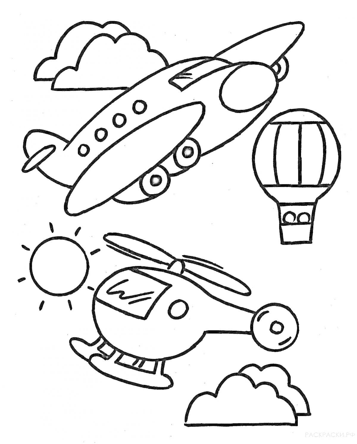 На раскраске изображено: Транспорт, Воздушный транспорт, Вертолет, Солнце, Облака, Для детей