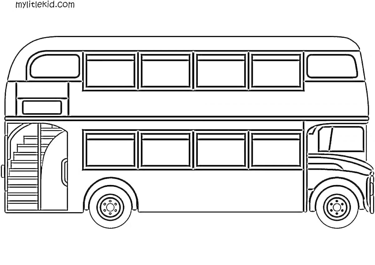 Раскраска Двухэтажный автобус с лестницей и окнами