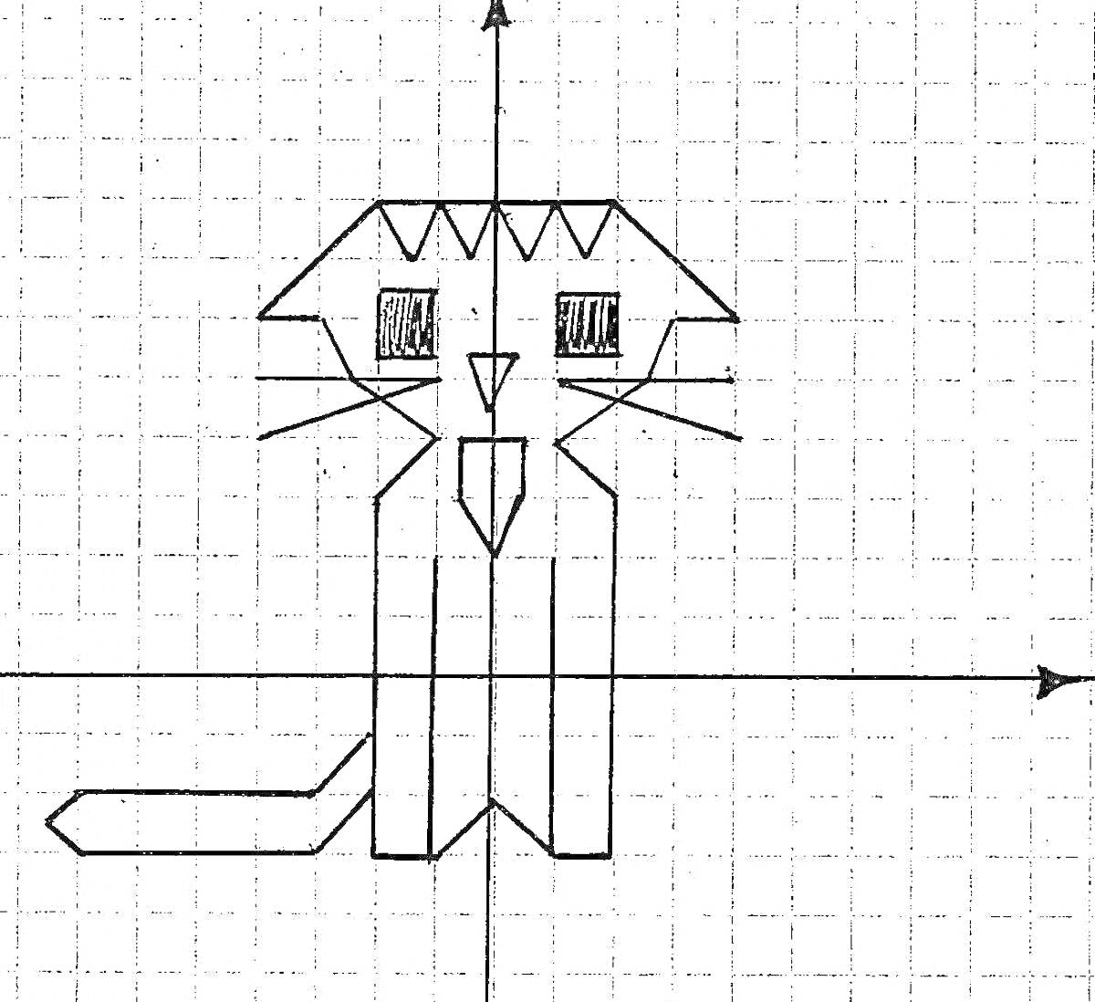 Раскраска кот с усами и хвостом на координатной сетке