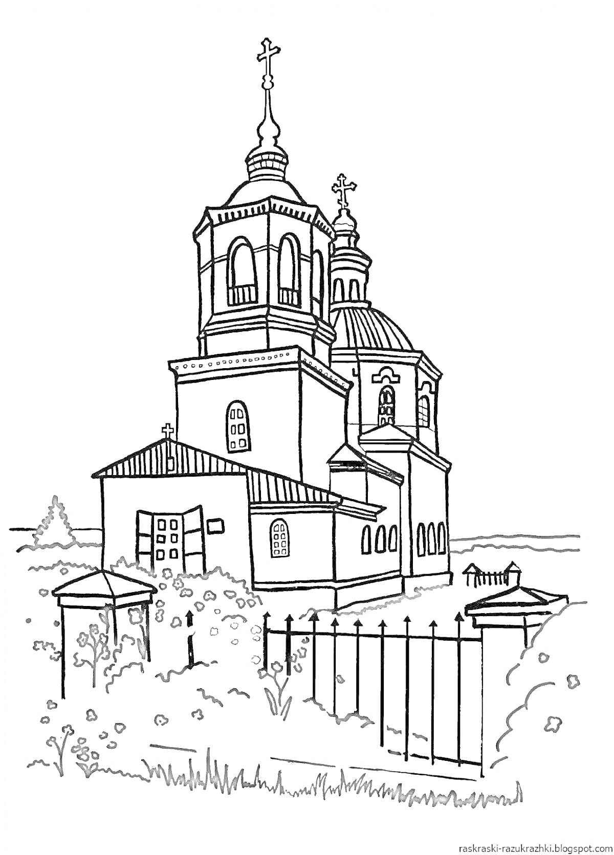 Раскраска Храм с куполами, окнами, крестами, оградой и растущими цветами