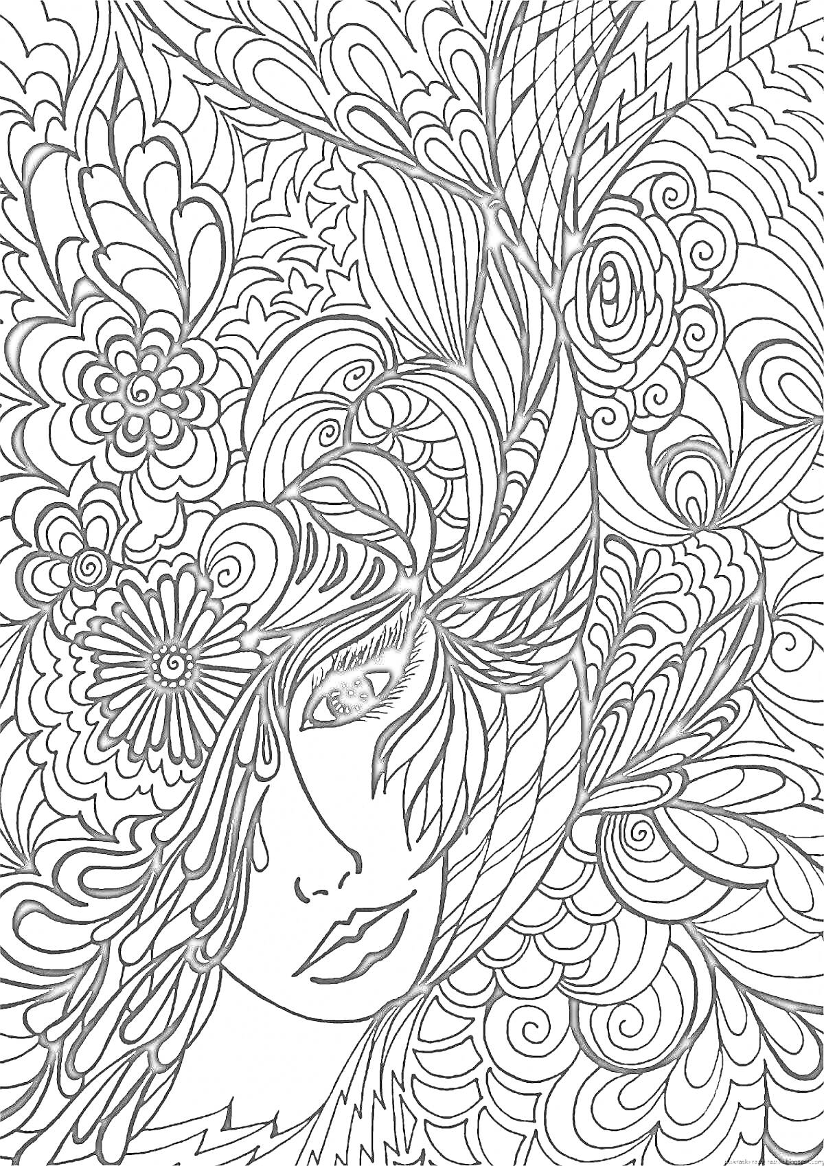 Раскраска Портрет девушки с цветами и волнистыми узорами