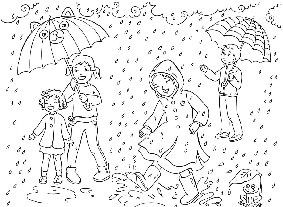 На раскраске изображено: Дождь, Лужа, Девочка, Мальчик, Облака, Плащ, Капли дождя, Для детей, Листья, Лягушки