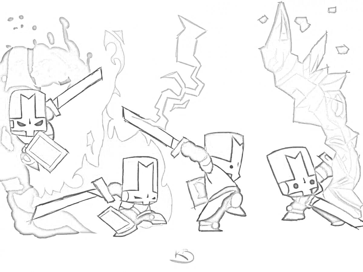 Раскраска Рыцари с мечами из Castle Crashers с использованием магических атак (огонь, молния, темная магия)