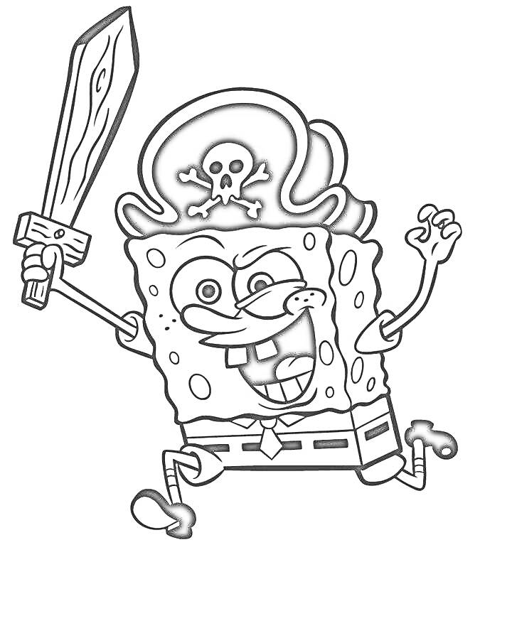 Раскраска Губка Боб в пиратской шляпе с мечом