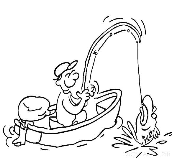 На раскраске изображено: Рыбак, Удочка, Лодка, Вода, Рыбалка, Из мультфильмов