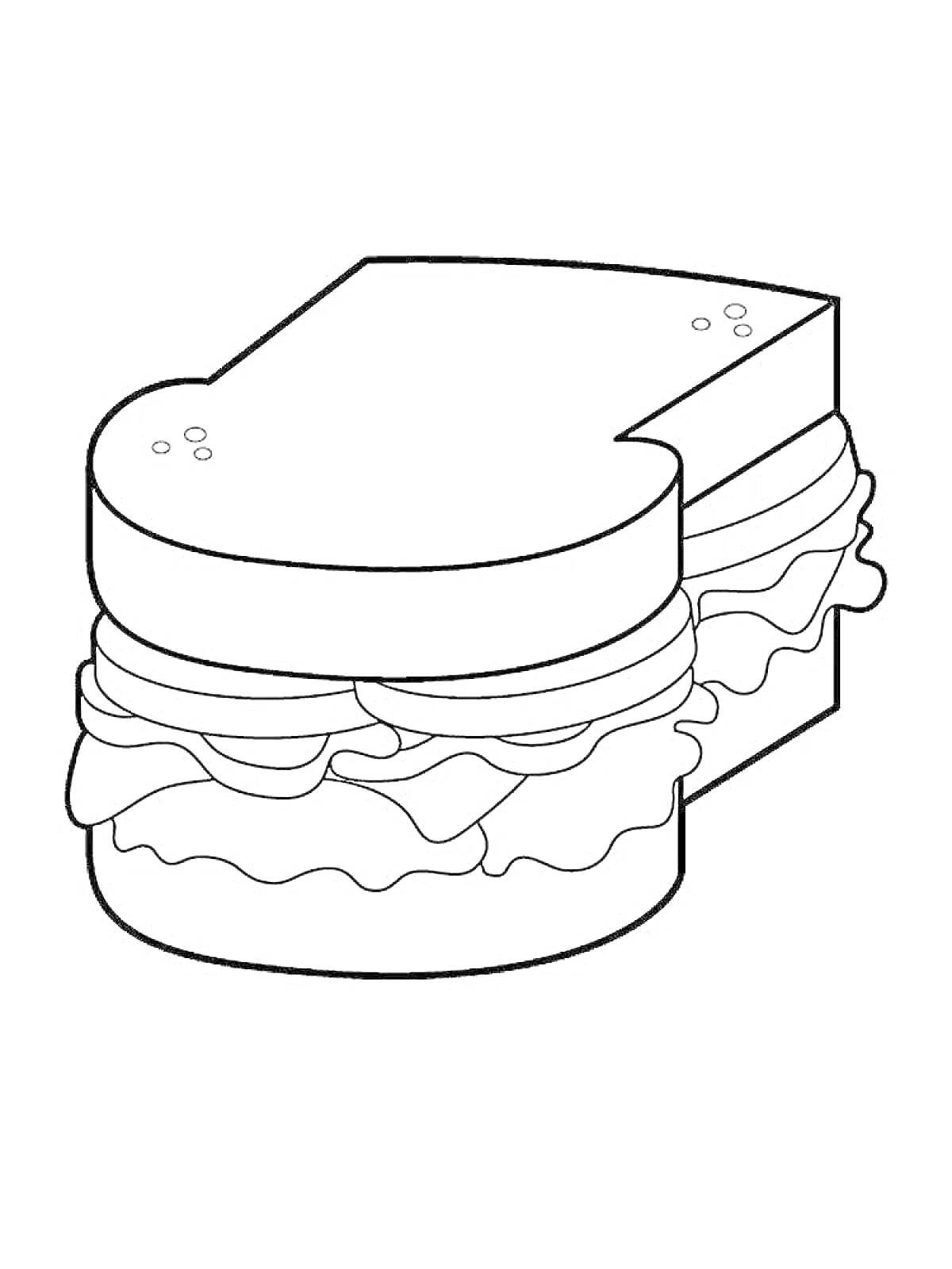 На раскраске изображено: Сэндвич, Хлеб, Салат, Еда