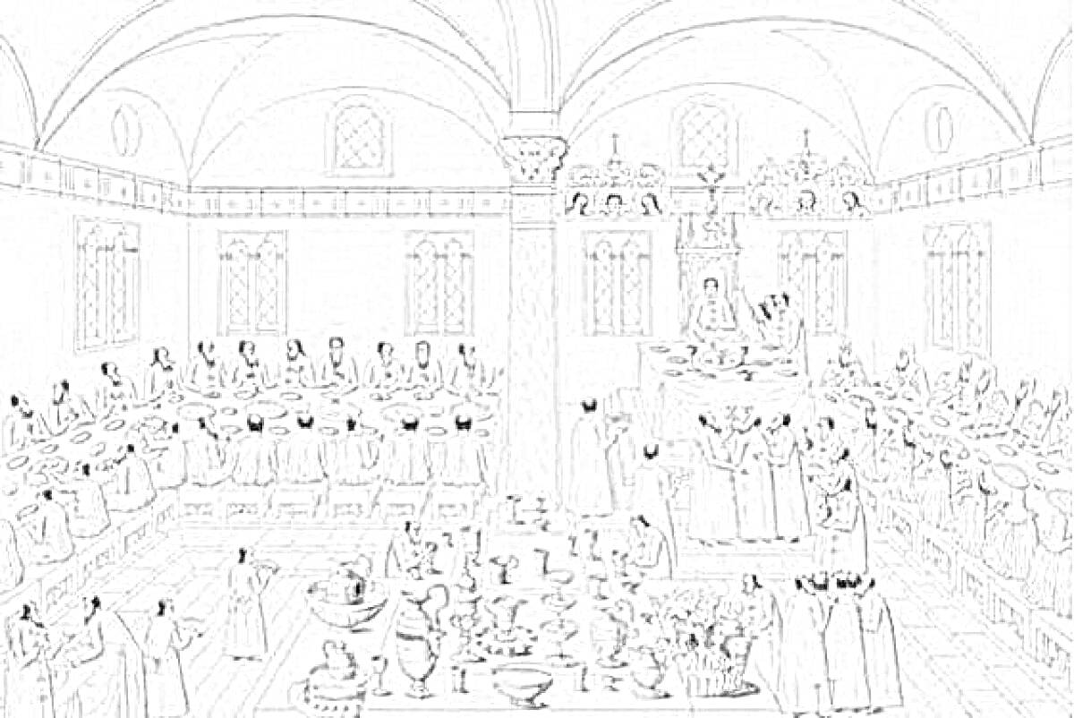 Раскраска Пир в теремных палатах с гостьми за длинным столом, украшенными арками и сводами, с выступающими музыкантами и сервированными блюдами на богатых столах.