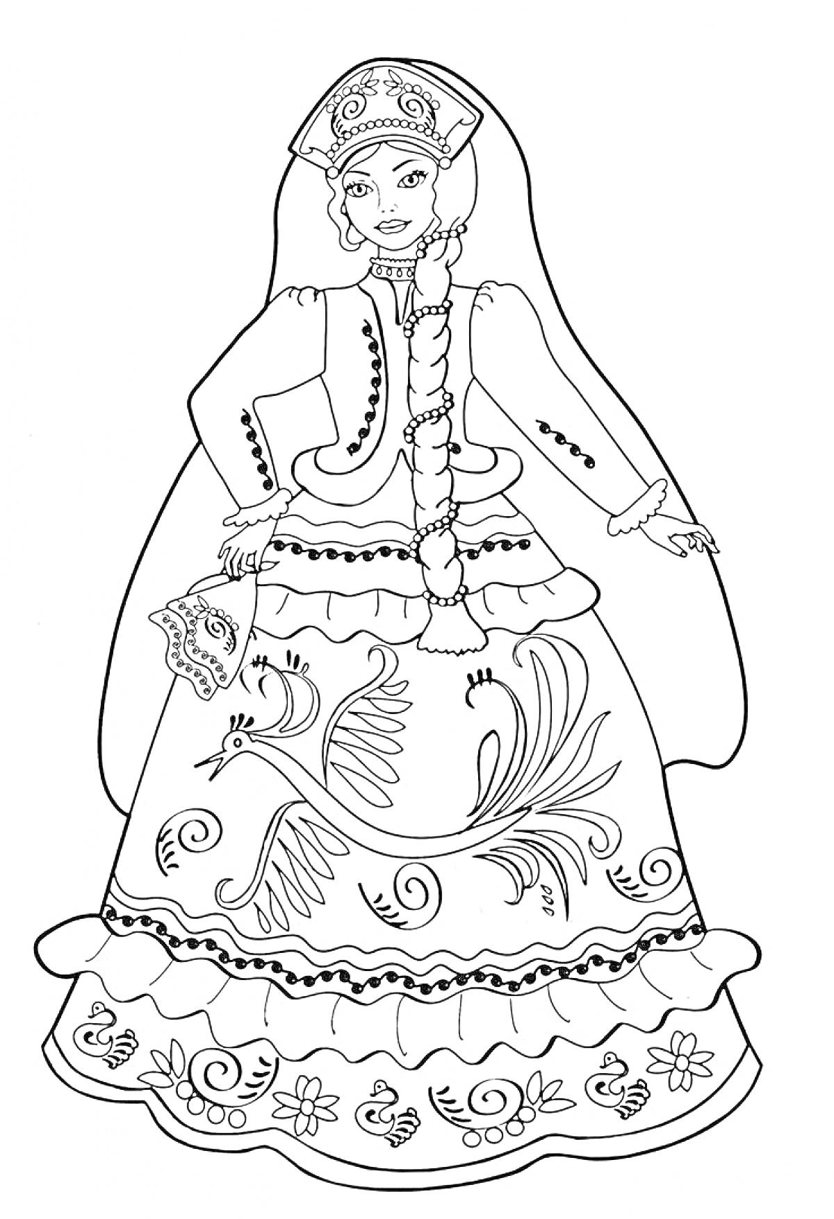 Раскраска Девушка в русском народном костюме с кокошником, сарафаном, поясом, косой и вышивкой