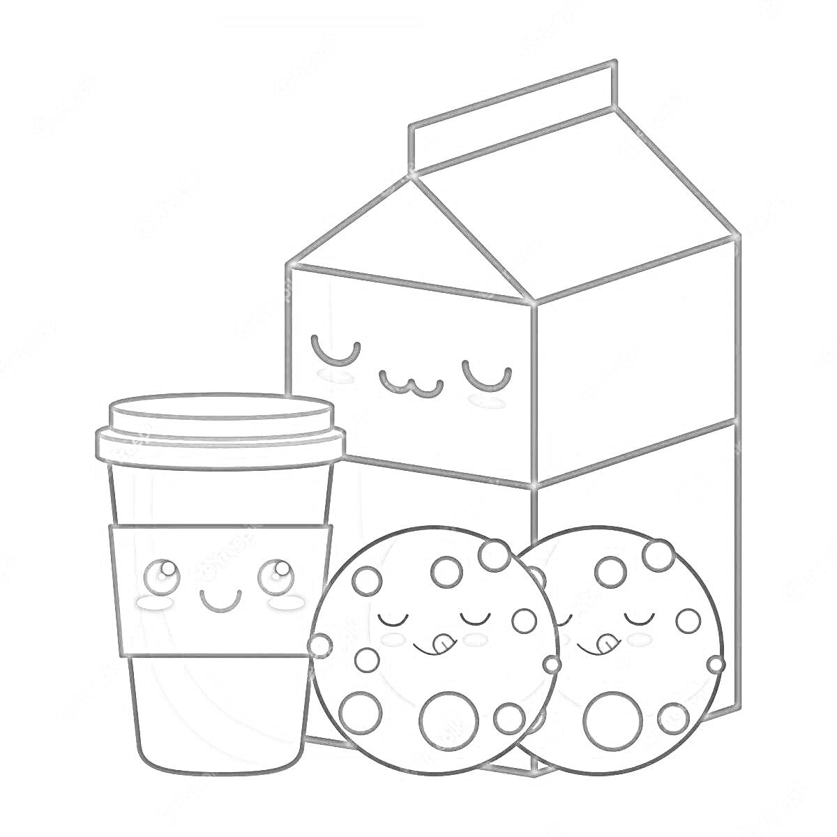 На раскраске изображено: Молоко, Коробка, Кофе, Печенье, Улыбка, Kawaii, Еда, Напиток