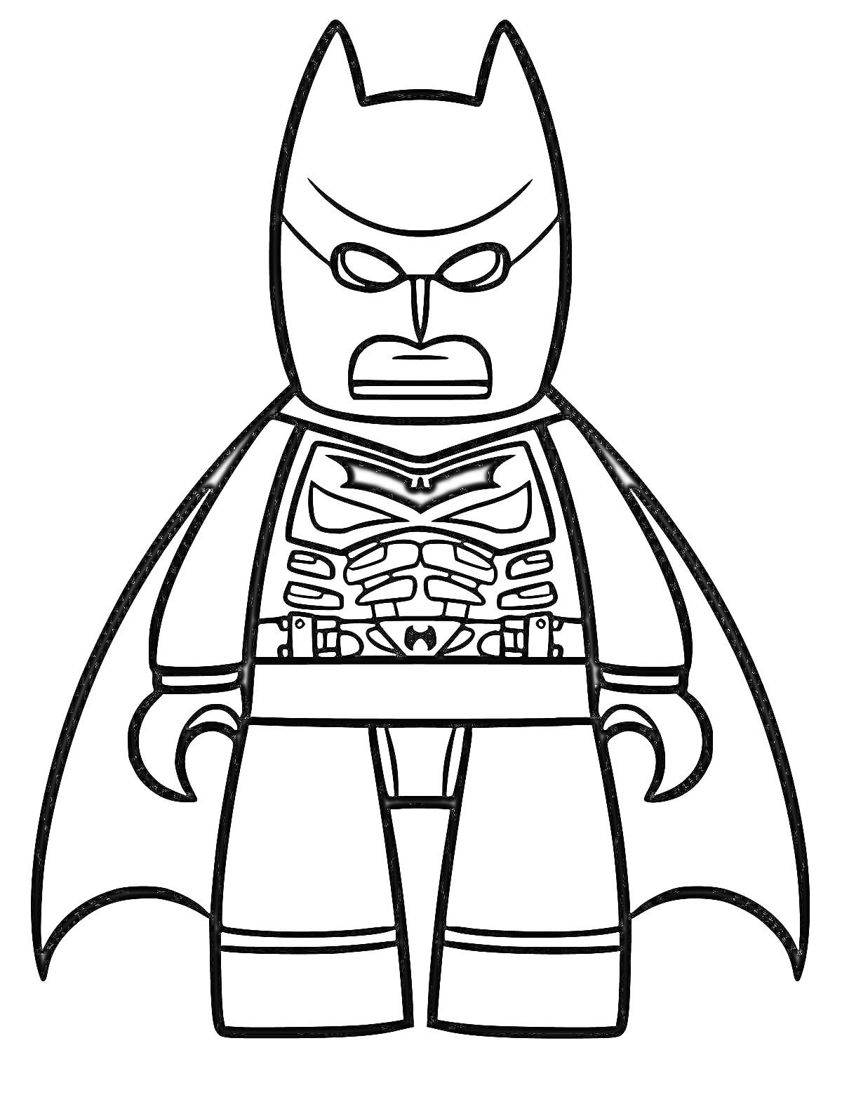 На раскраске изображено: Лего, Бэтмен, Плащ, Для мальчиков, 5-6 лет, Комиксы, Супергерои, Фигуры