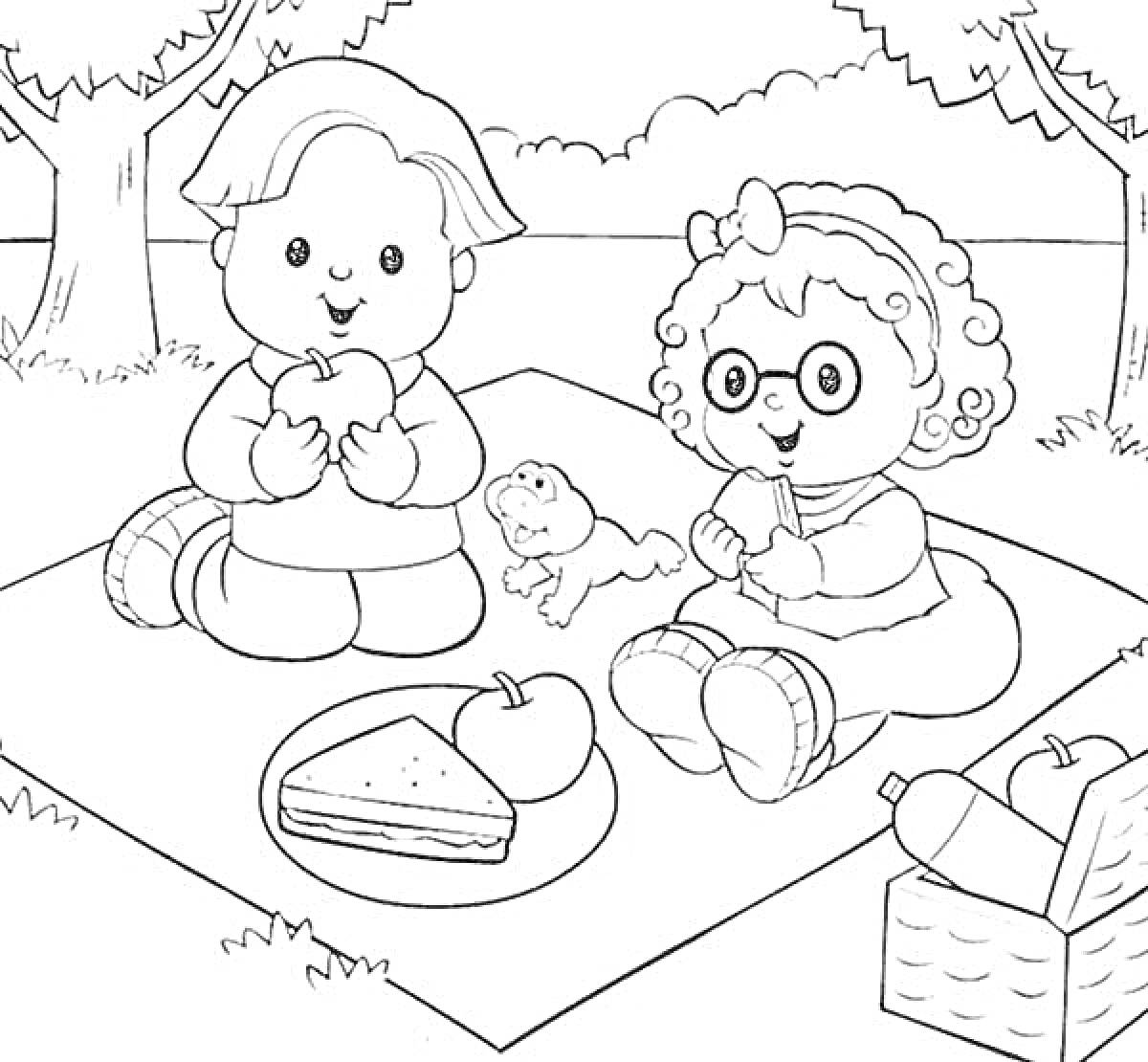 Раскраска Пикник с детьми, яблоками, бутербродом, собакой и корзинкой