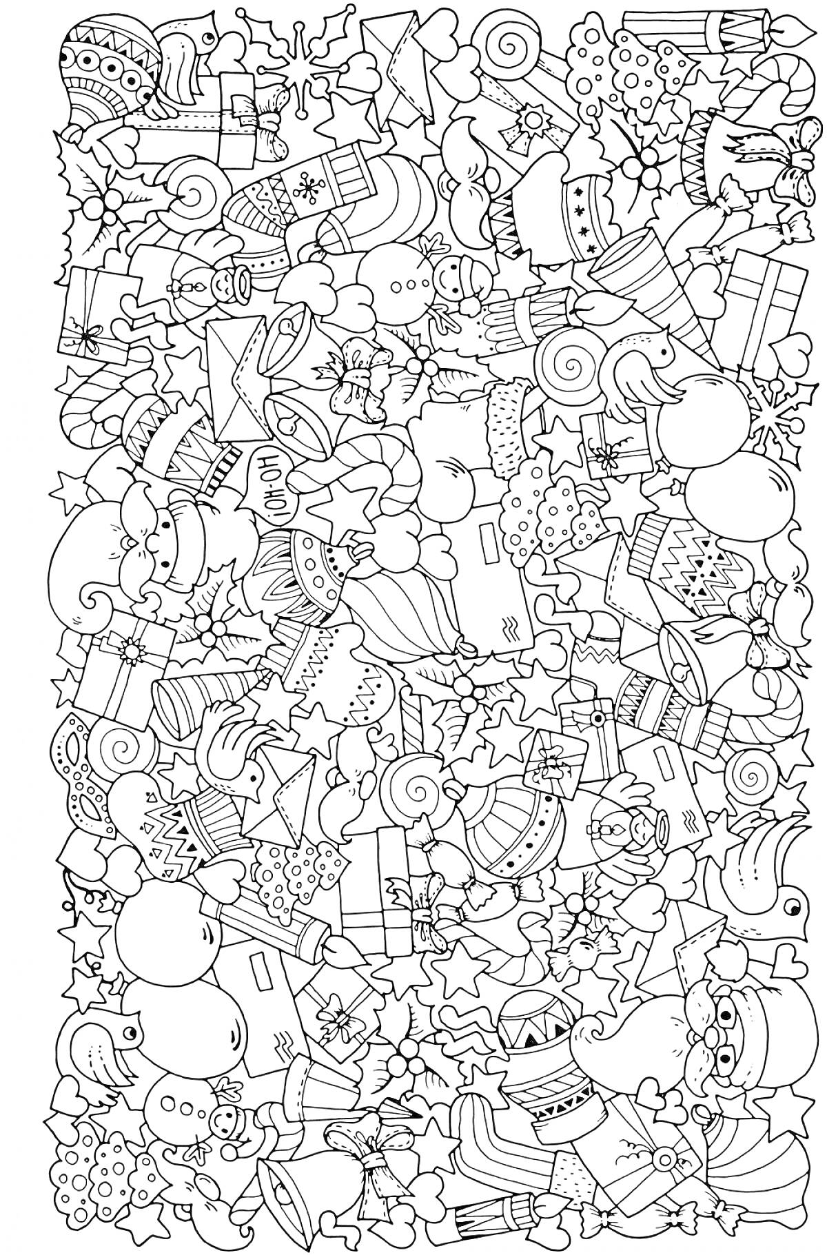 На раскраске изображено: Антистресс, Зима, Подарки, Ёлочные игрушки, Зимние шапки, Снежинки, Леденцы, Снеговики, Письма, Коньки, Звезды, Варежка