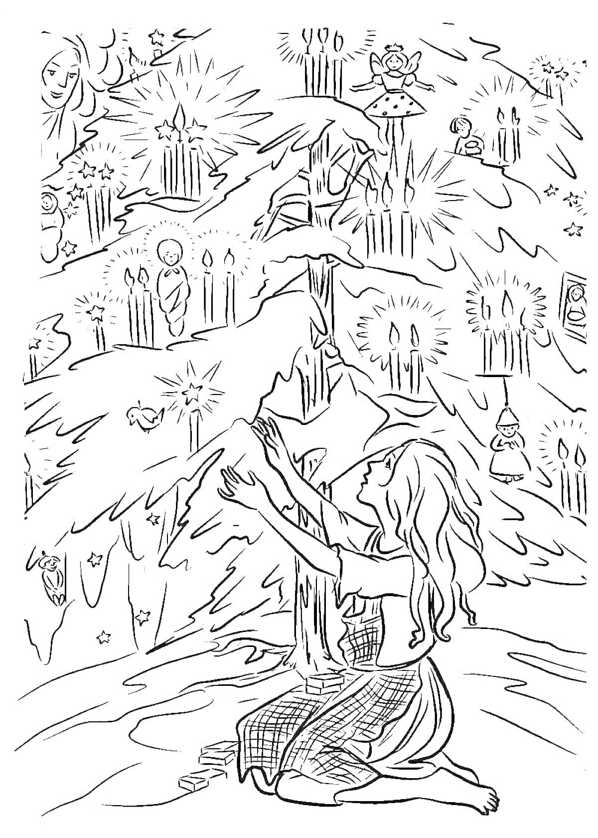 Раскраска Девочка около украшенной елки с игрушками, свечами и ангелами