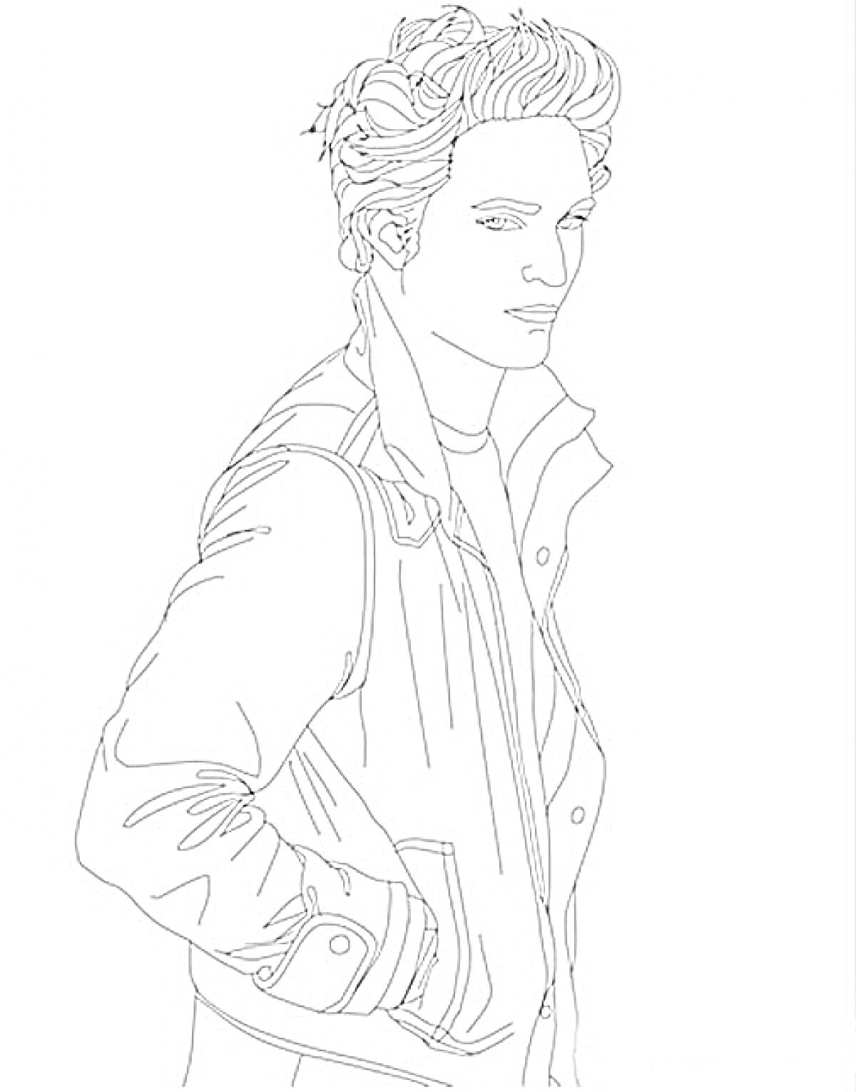 Раскраска Молодой человек с прической, в куртке с поднятым воротником и рукой в кармане