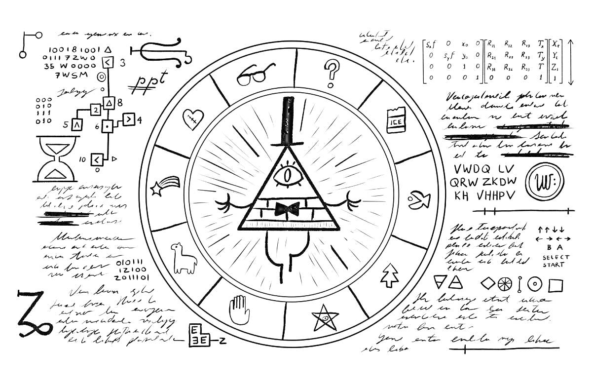 Раскраска билл шифр, круг с разными значками, пирамидка с глазом и цилиндром внутри круга, загадочные письмена по краям