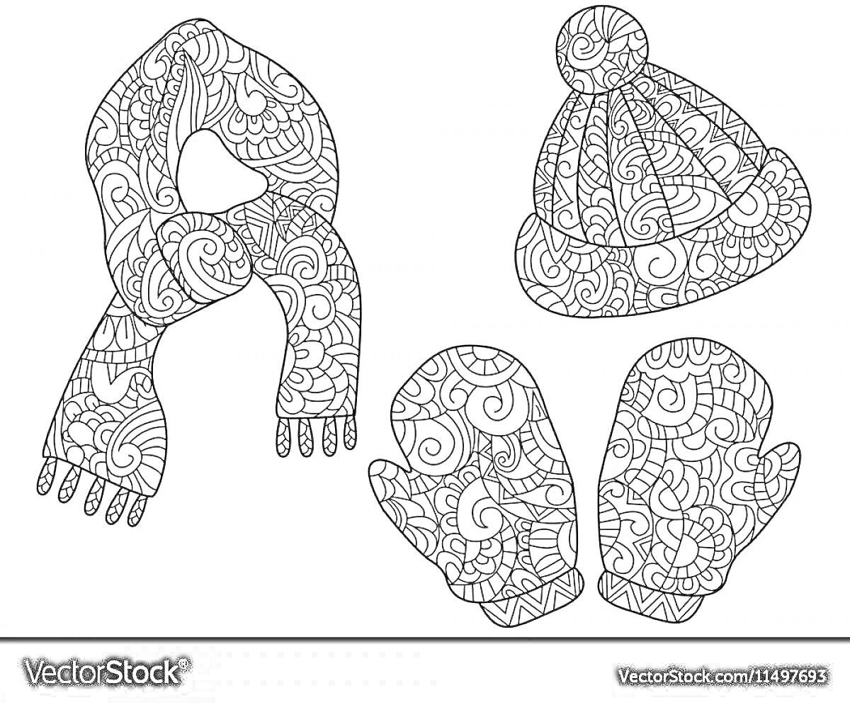 Раскраска Шапка, варежки и шарф с узорами