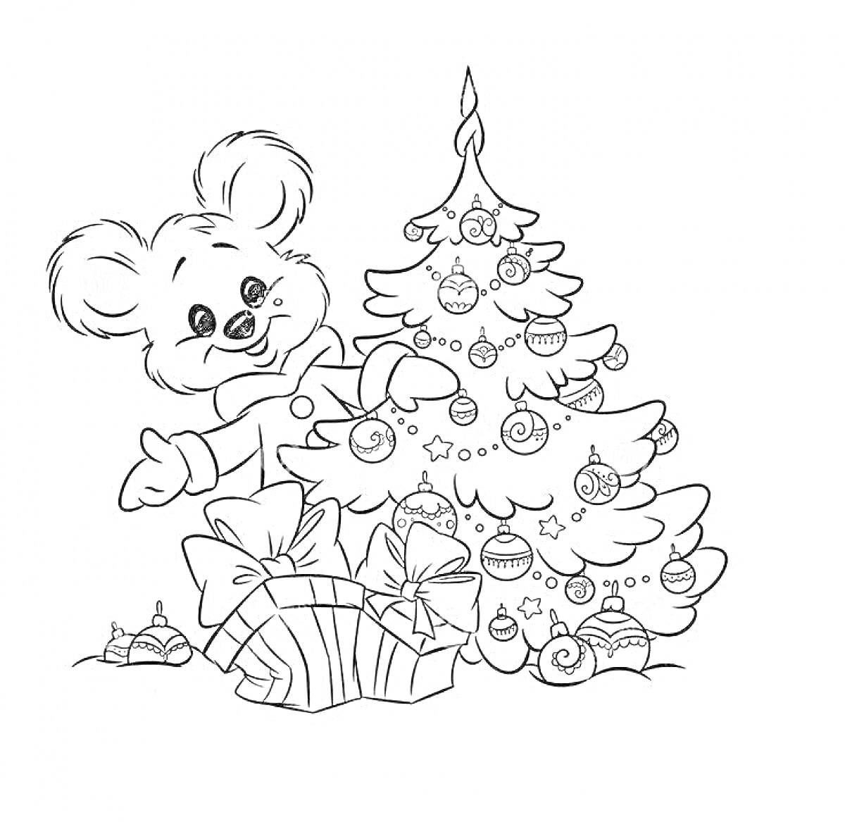 На раскраске изображено: Новогодняя елка, Подарки, Игрушки, Новогодние украшения, Новый год