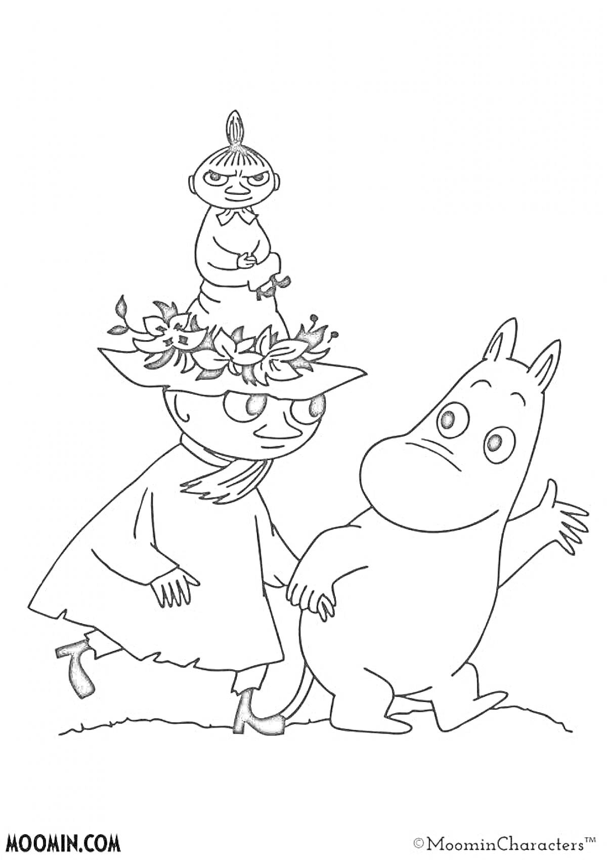 На раскраске изображено: Муми-тролли, Существо, Шляпа, Цветы