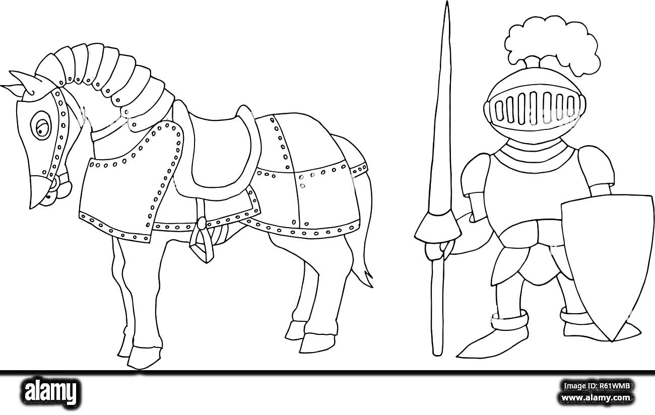 Раскраска Рыцарь Майк и его конь: рыцарь в доспехах с копьем и щитом, конь в доспехах###