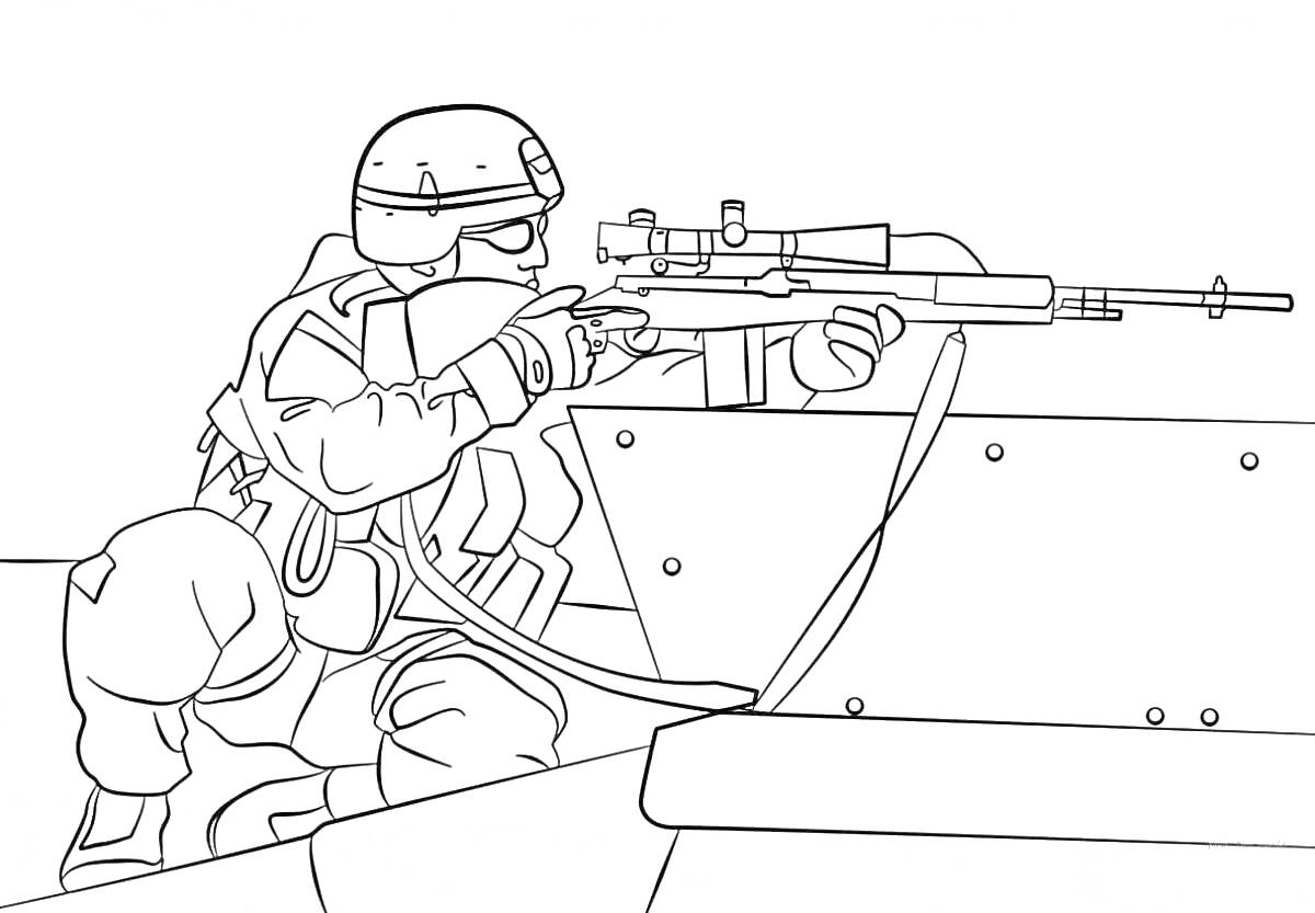 Солдат со снайперской винтовкой в боевой экипировке на боевой позиции