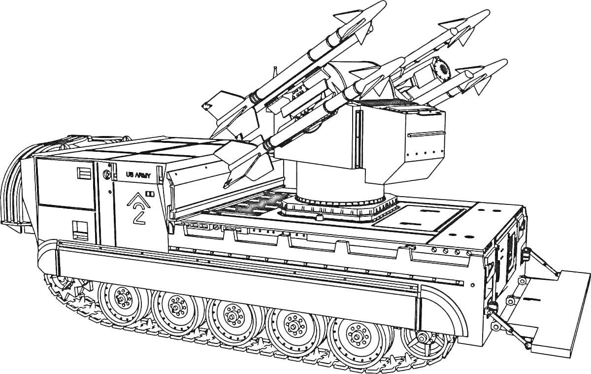 Раскраска Зенитно-ракетный комплекс на гусеничном шасси с четырьмя ракетами