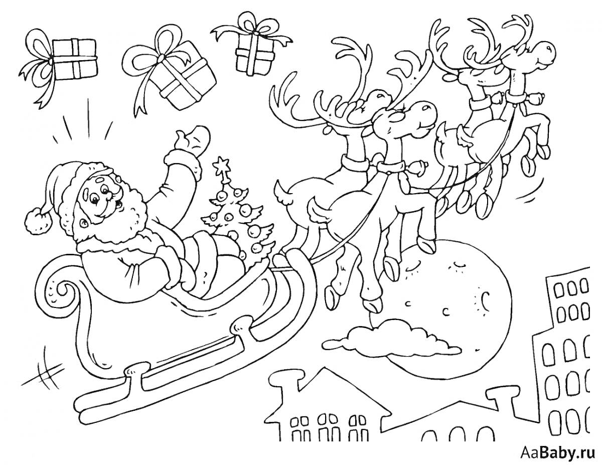 Раскраска Дед Мороз на санях с оленями, подарки, ночное небо с луной, дома на заднем плане