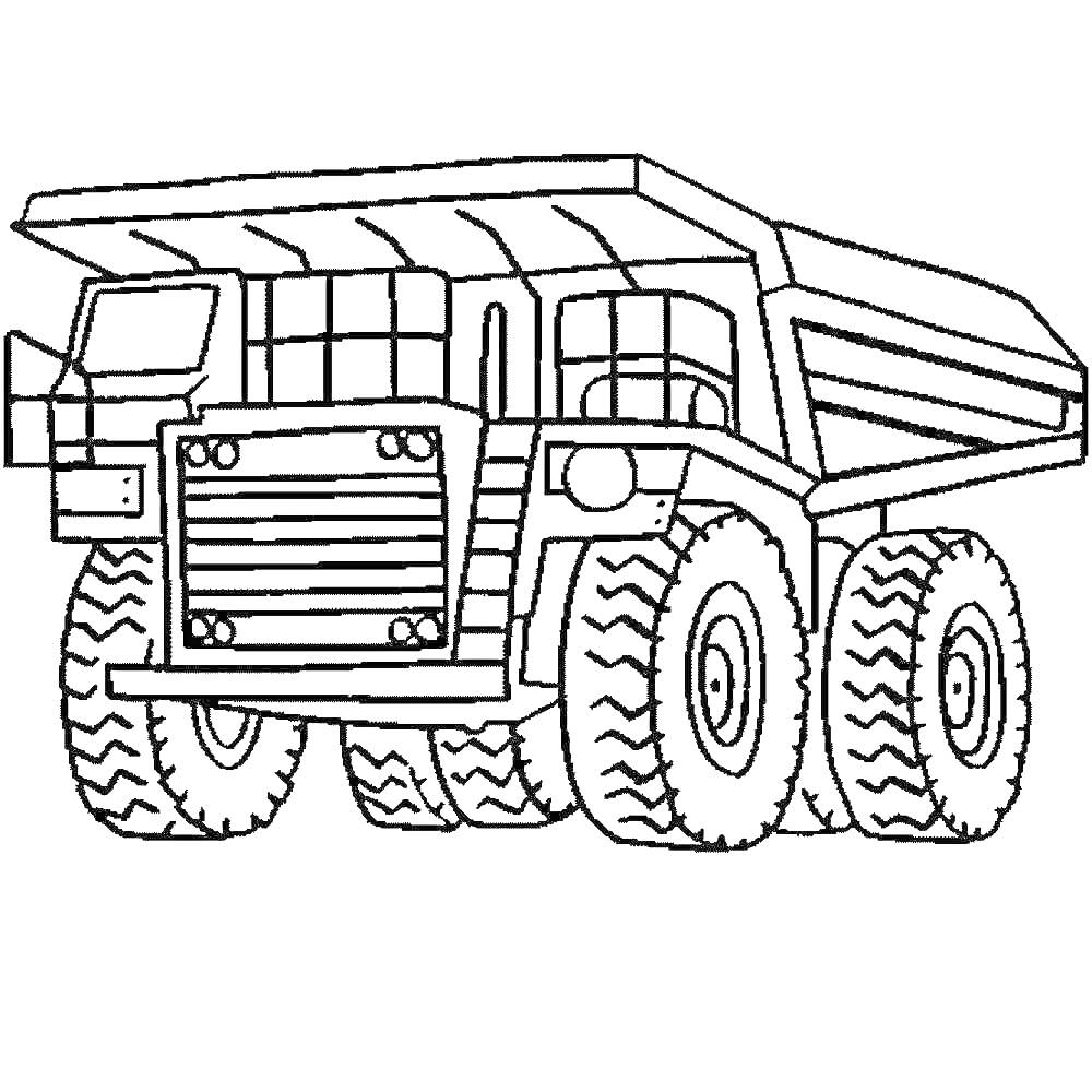 РаскраскаБольшая шестиколёсная грузовая машина с кабиной, решёткой радиатора и кузовом для перевозки груза.