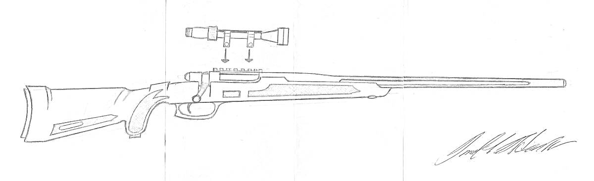 На раскраске изображено: Винтовка, Оружие, Прицел, Подпись, Карабин