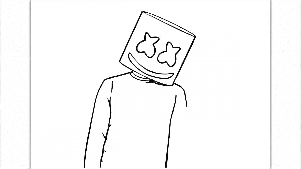 Раскраска Человек в свитере с квадратной головой, напоминающей маршмеллоу и улыбкой с крестиками вместо глаз